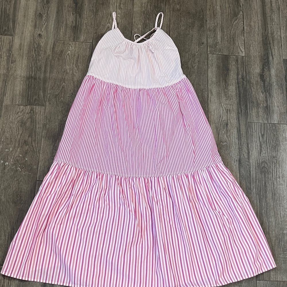 Free Assembly Pink and White Striped  Tiered soft Cotton Dress